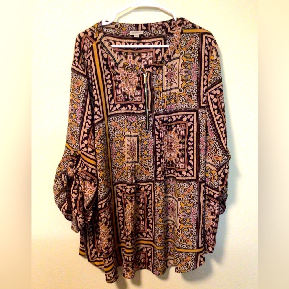 Avenue women’s 30/32 roll tab‎ sleeves brown tan gold black exposed zip pullover
